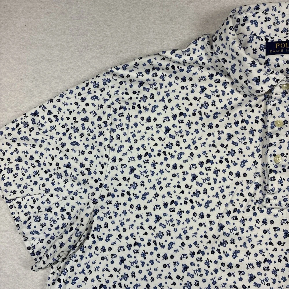Polo Ralph Lauren Polo Shirt White Blue Floral Print Preppy Men 2XB Big Cotton